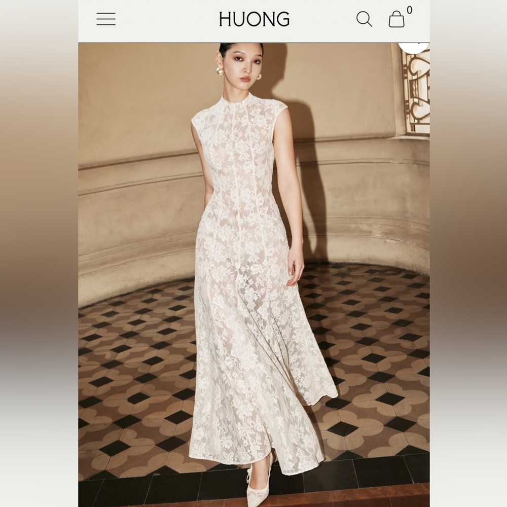 Huong White Lace High-Neck Maxi Dress
